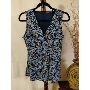 Unbranded Womens M sleeveless top blue/brown floral pattern v neck band waist